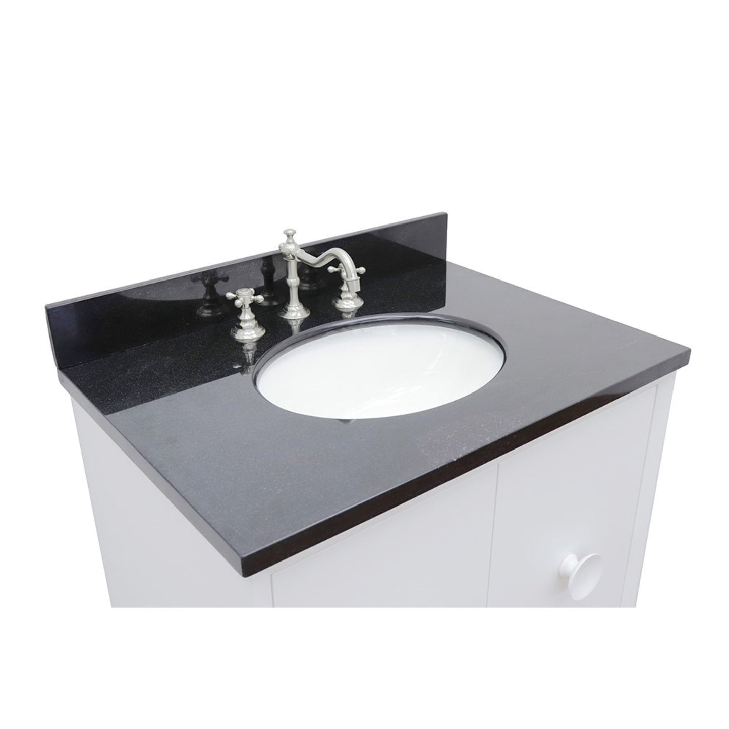 31" Single vanity in White finish with Black Galaxy top and oval sink