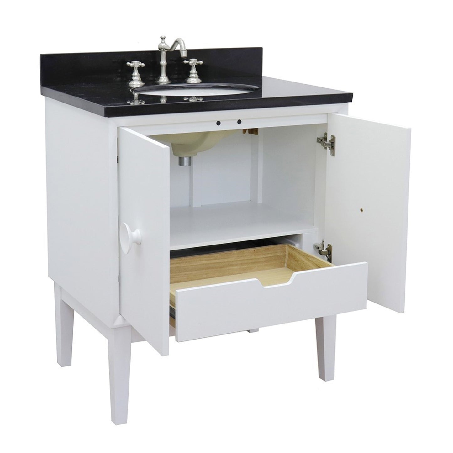 31" Single vanity in White finish with Black Galaxy top and oval sink