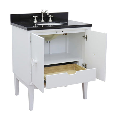 31" Single vanity in White finish with Black Galaxy top and oval sink