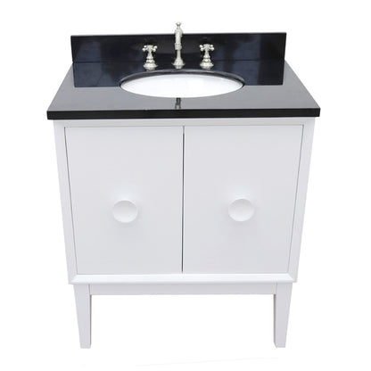 31" Single vanity in White finish with Black Galaxy top and oval sink