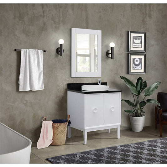 31" Single vanity in White finish with Black Galaxy top and round sink