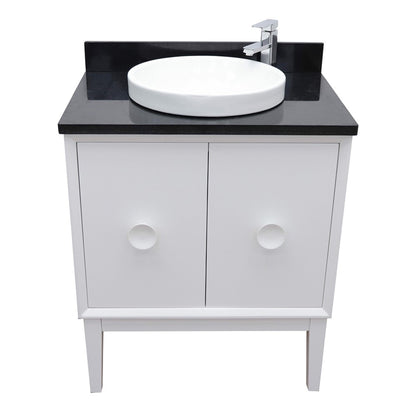 31" Single vanity in White finish with Black Galaxy top and round sink