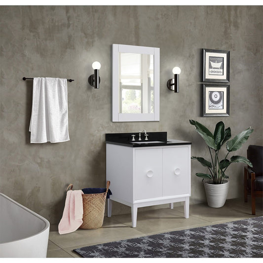 31" Single vanity in White finish with Black Galaxy top and rectangle sink