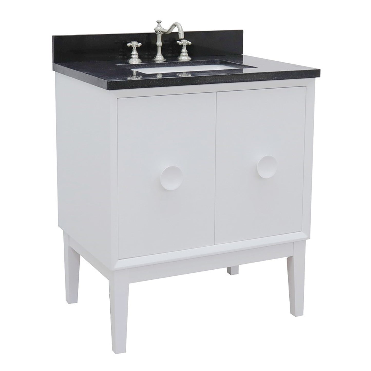 31" Single vanity in White finish with Black Galaxy top and rectangle sink