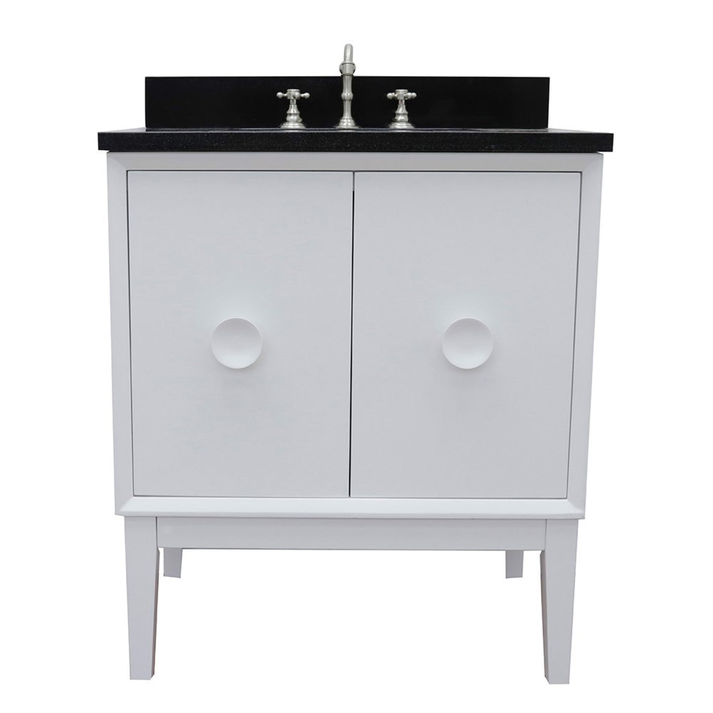31" Single vanity in White finish with Black Galaxy top and rectangle sink