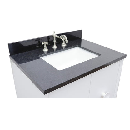 31" Single vanity in White finish with Black Galaxy top and rectangle sink
