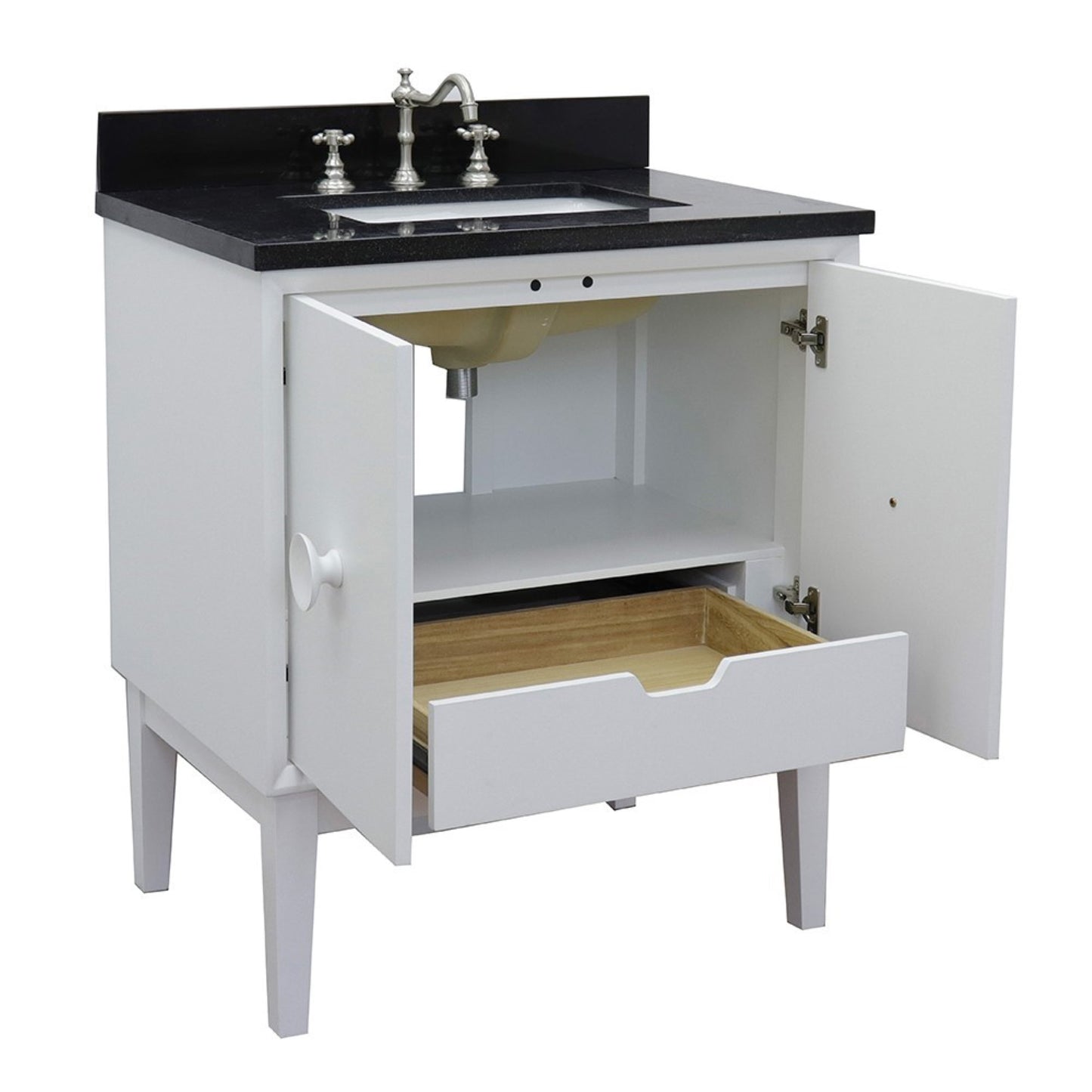 31" Single vanity in White finish with Black Galaxy top and rectangle sink
