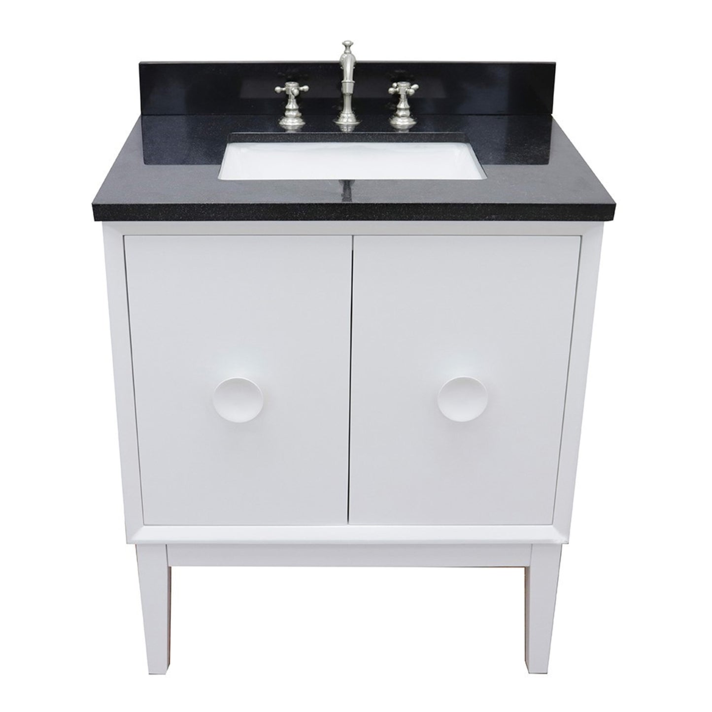 31" Single vanity in White finish with Black Galaxy top and rectangle sink
