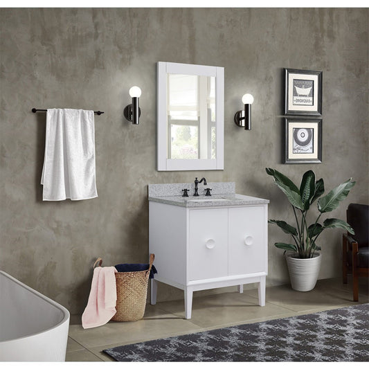 31" Single vanity in White finish with Gray granite top and rectangle sink