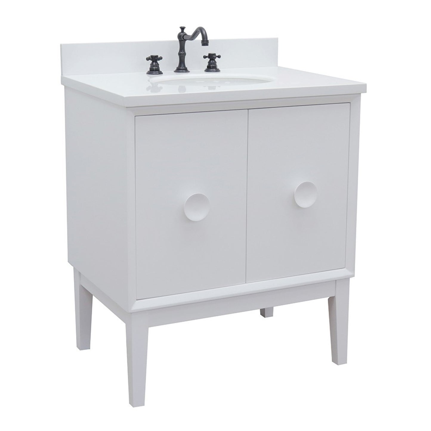 31" Single vanity in White finish with White engineered stone top and oval sink