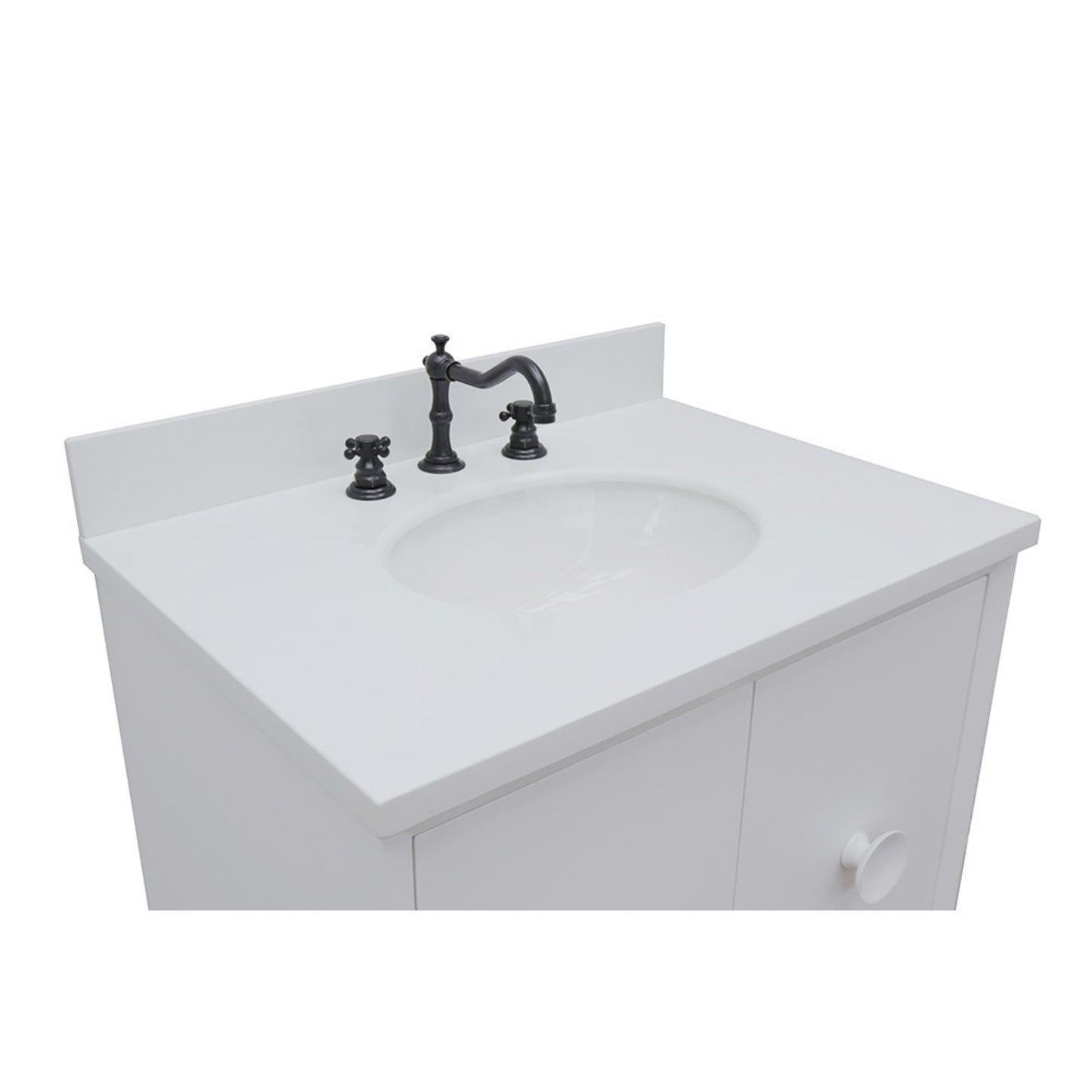 31" Single vanity in White finish with White engineered stone top and oval sink