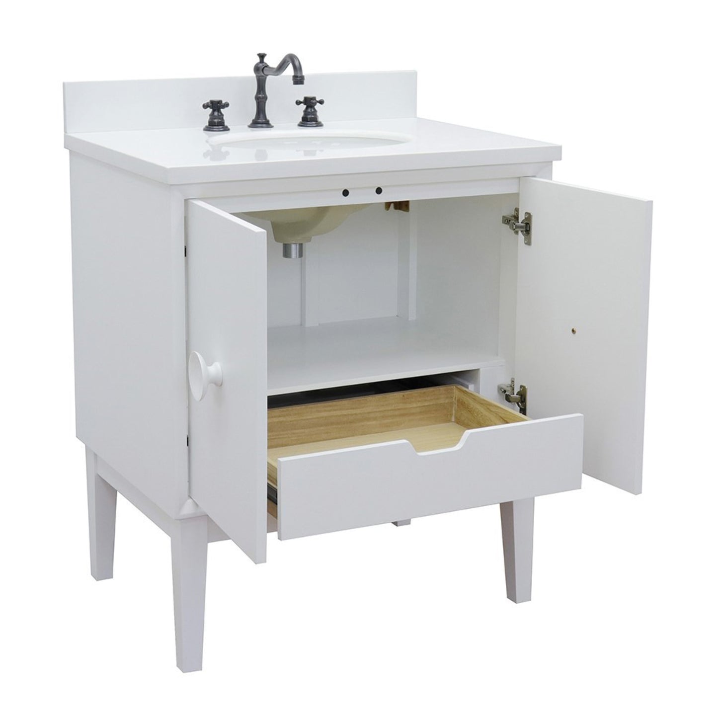 31" Single vanity in White finish with White engineered stone top and oval sink