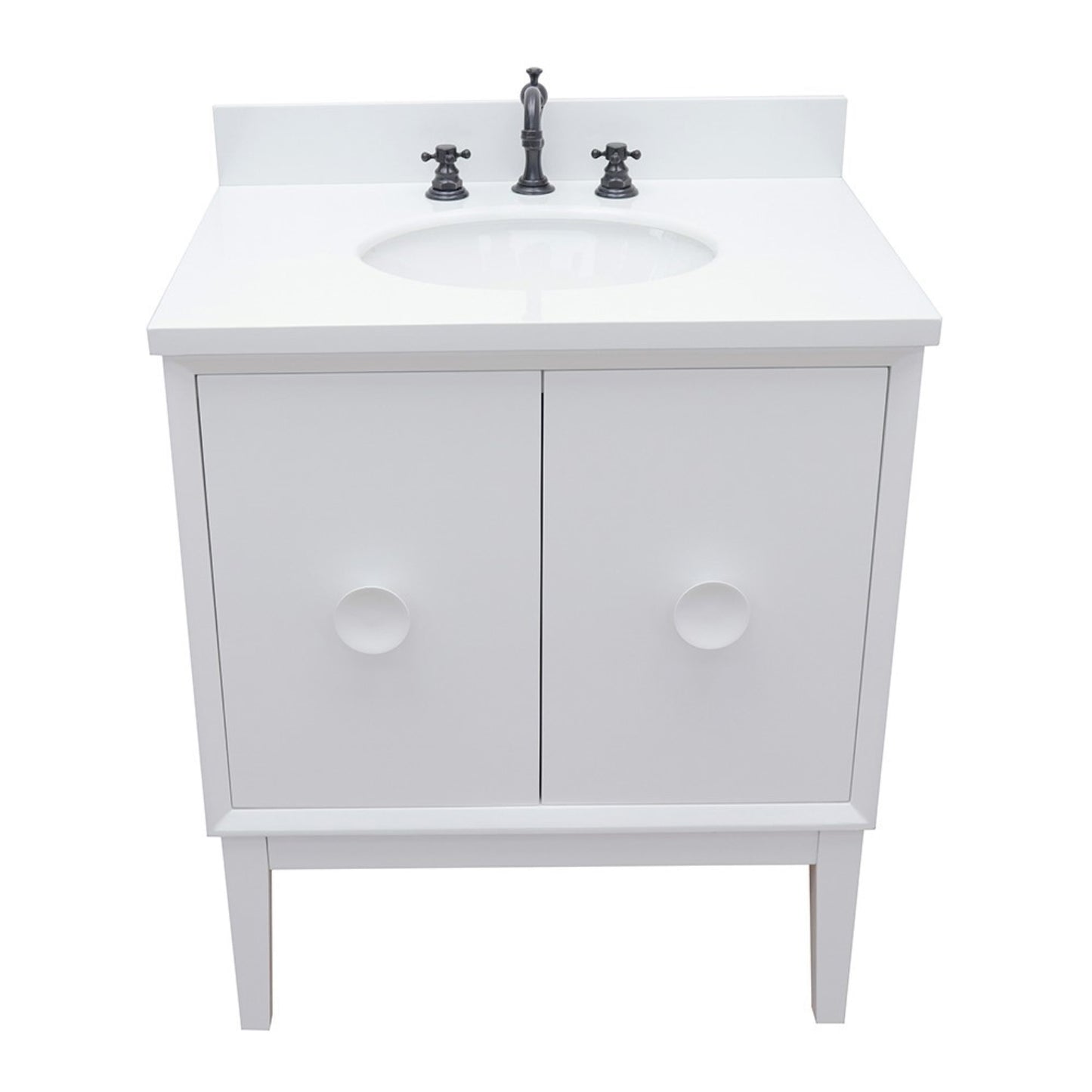 31" Single vanity in White finish with White engineered stone top and oval sink
