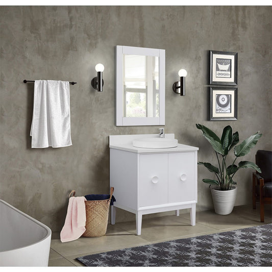 31" Single vanity in White finish with White engineered stone top and round sink
