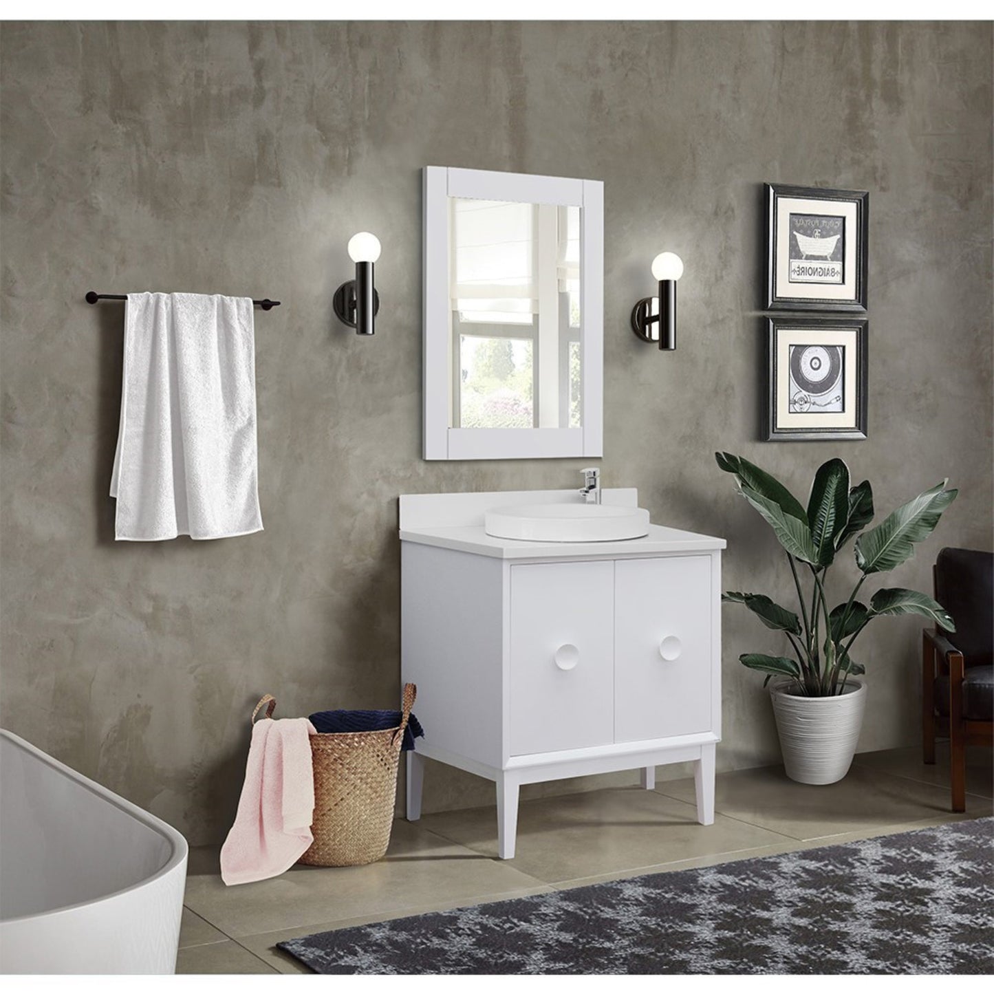31" Single vanity in White finish with White engineered stone top and round sink