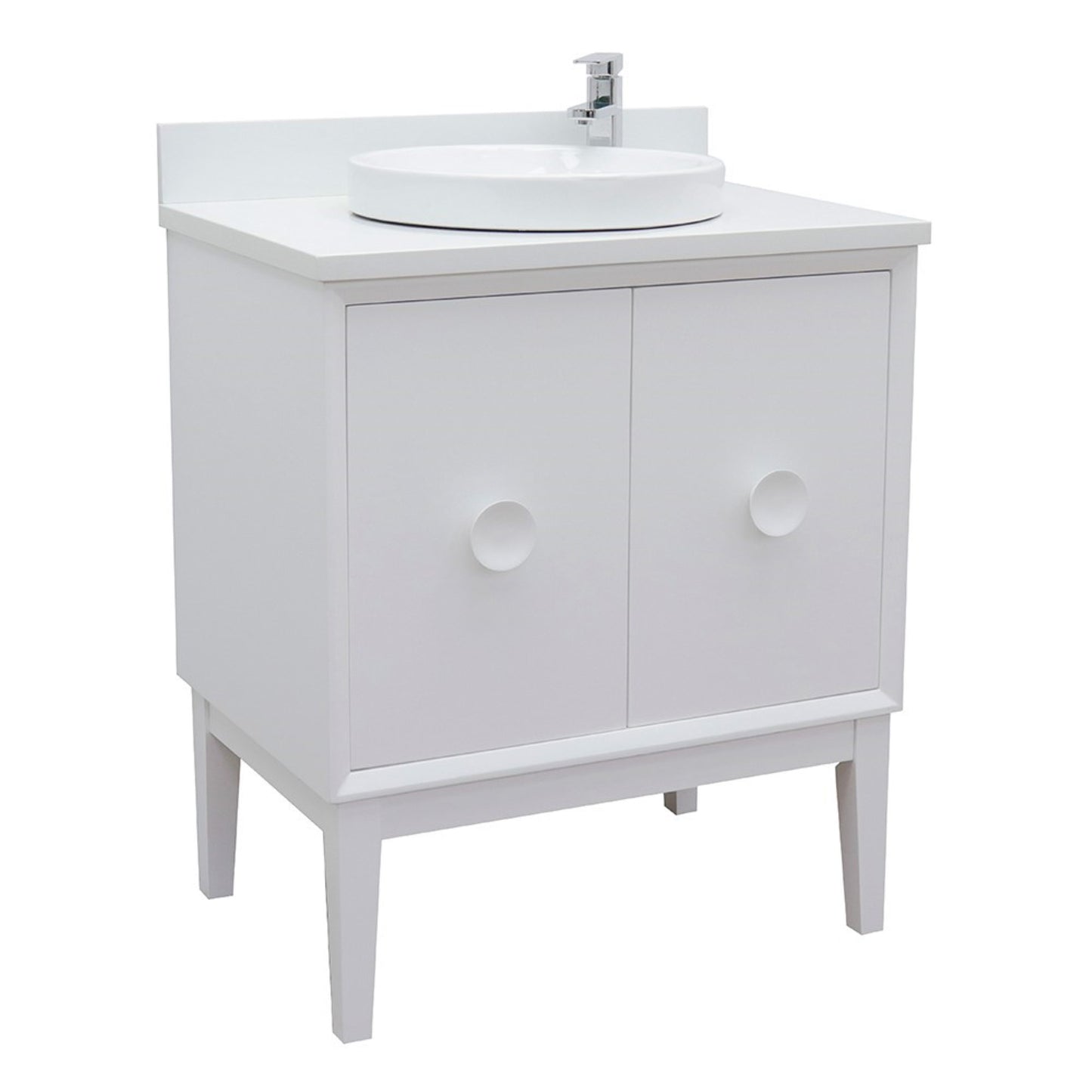 31" Single vanity in White finish with White engineered stone top and round sink