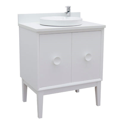 31" Single vanity in White finish with White engineered stone top and round sink