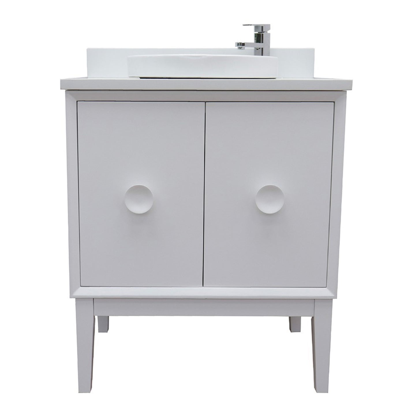 31" Single vanity in White finish with White engineered stone top and round sink