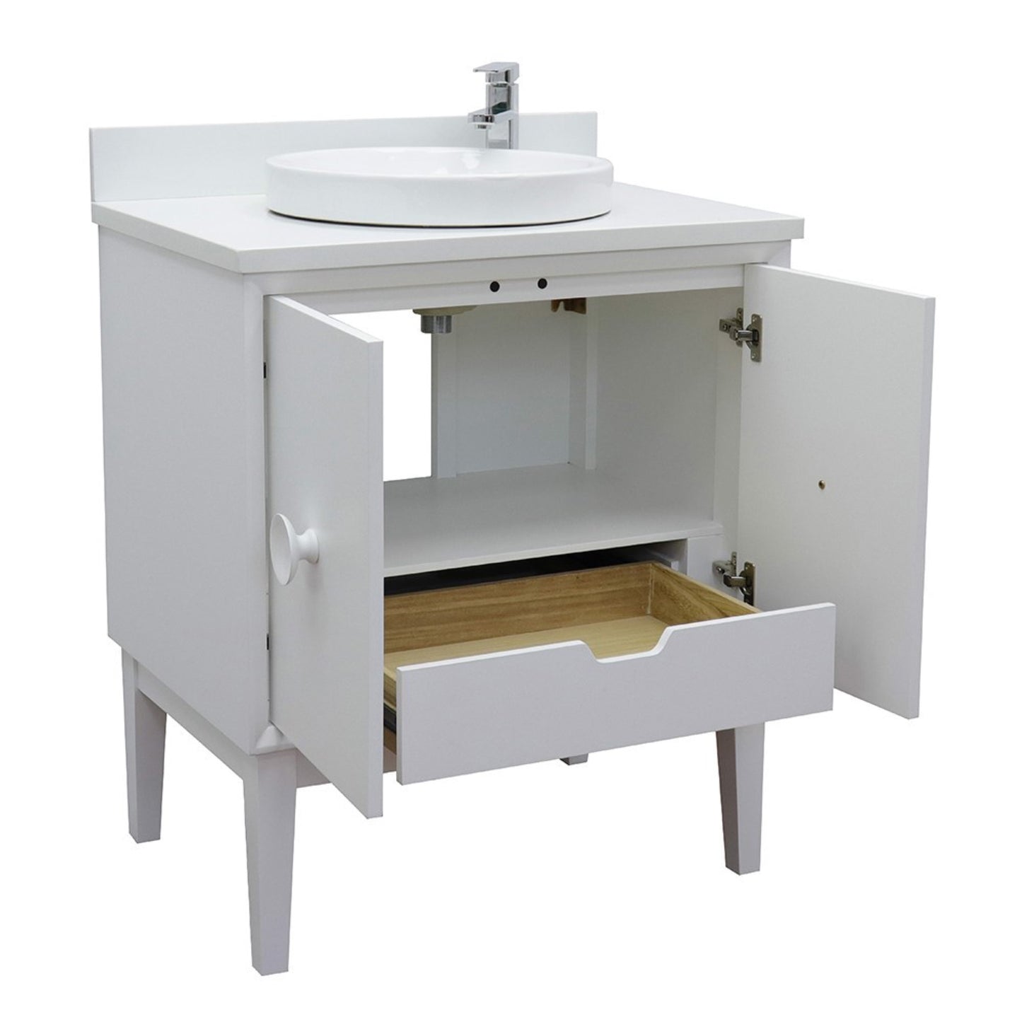 31" Single vanity in White finish with White engineered stone top and round sink
