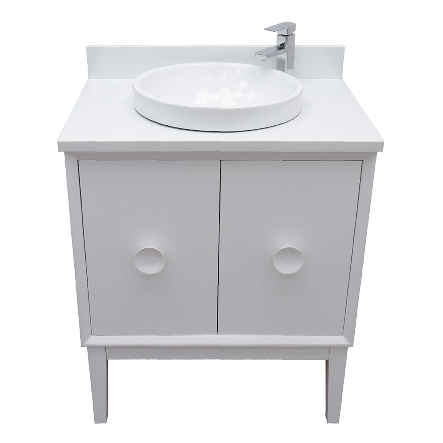 31" Single vanity in White finish with White engineered stone top and round sink
