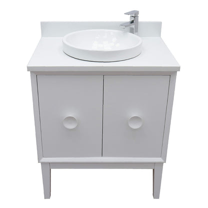 31" Single vanity in White finish with White engineered stone top and round sink