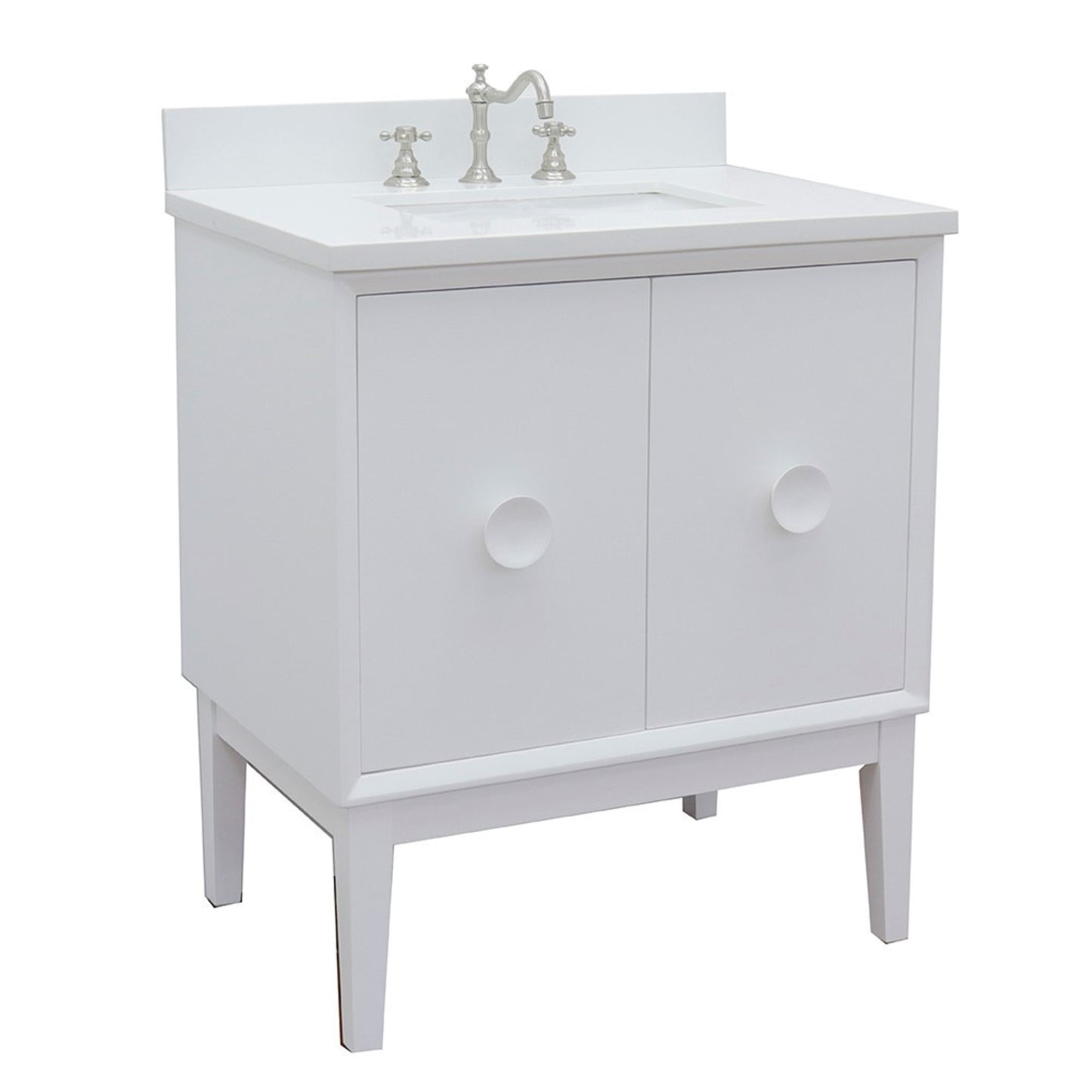 31" Single vanity in White finish with White engineered stone top and rectangle sink