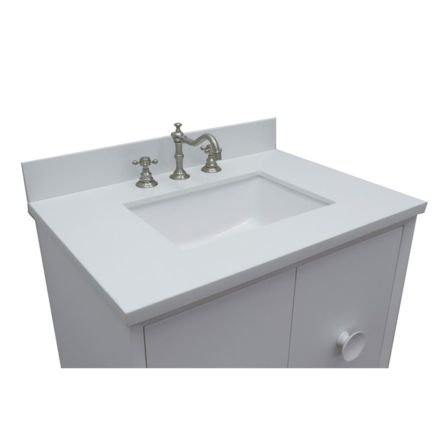 31" Single vanity in White finish with White engineered stone top and rectangle sink