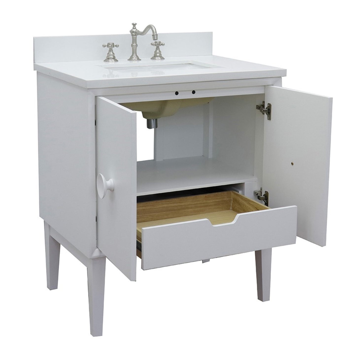 31" Single vanity in White finish with White engineered stone top and rectangle sink