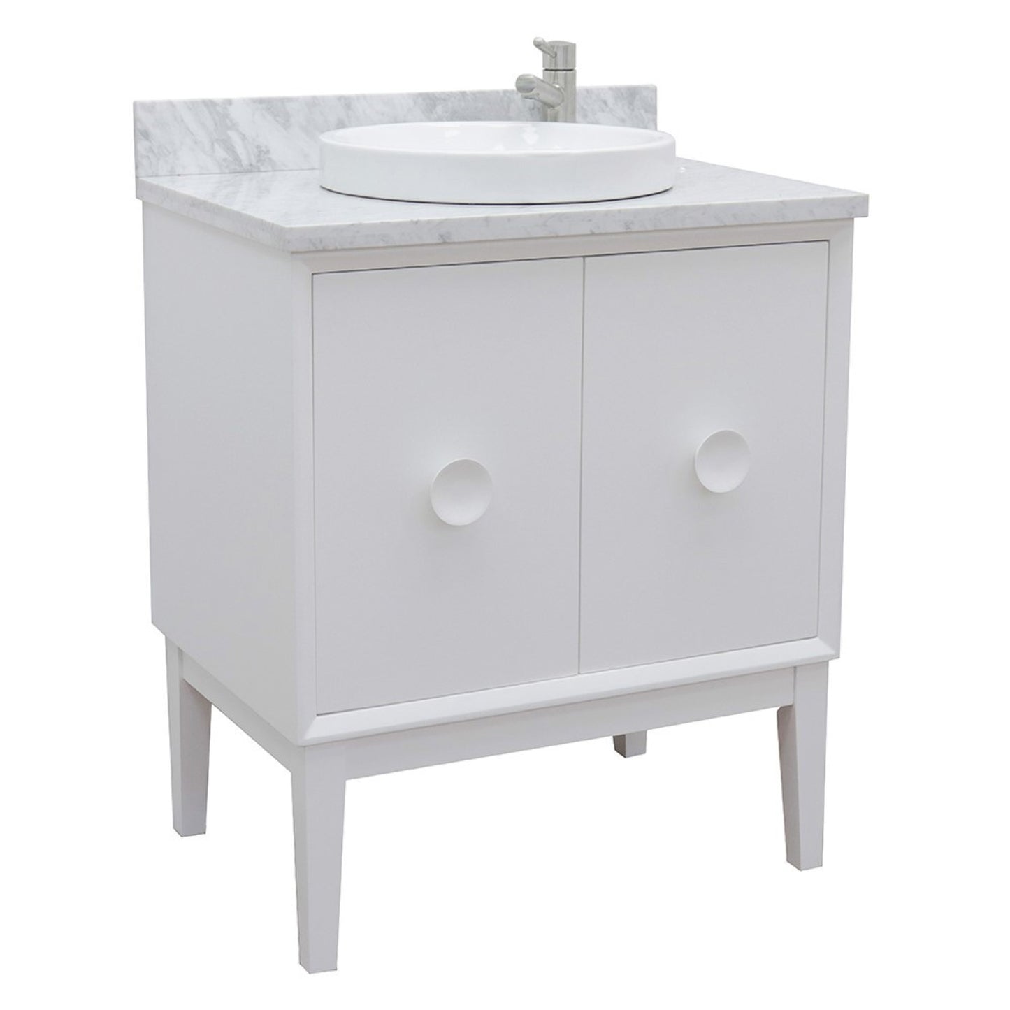 31" Single vanity in White finish with White Carrara top and round sink