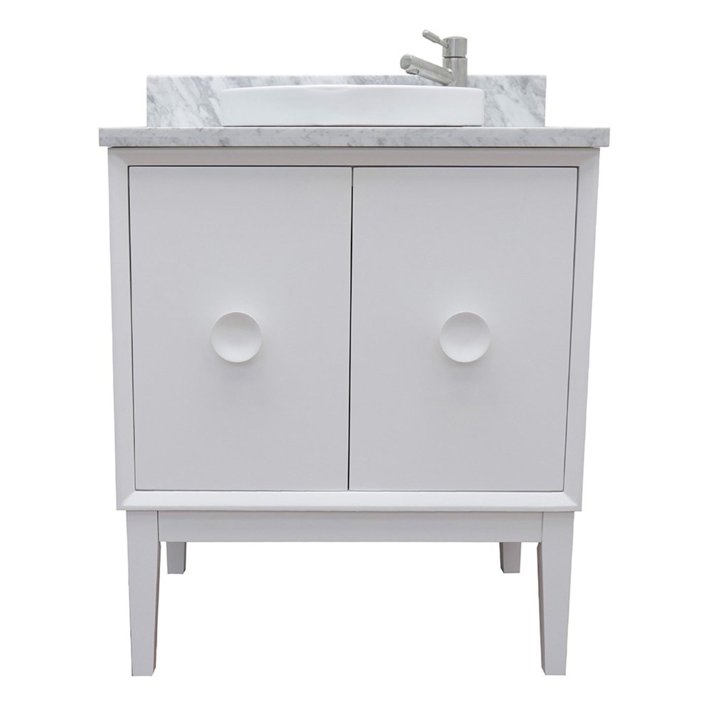 31" Single vanity in White finish with White Carrara top and round sink
