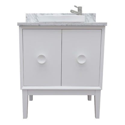 31" Single vanity in White finish with White Carrara top and round sink