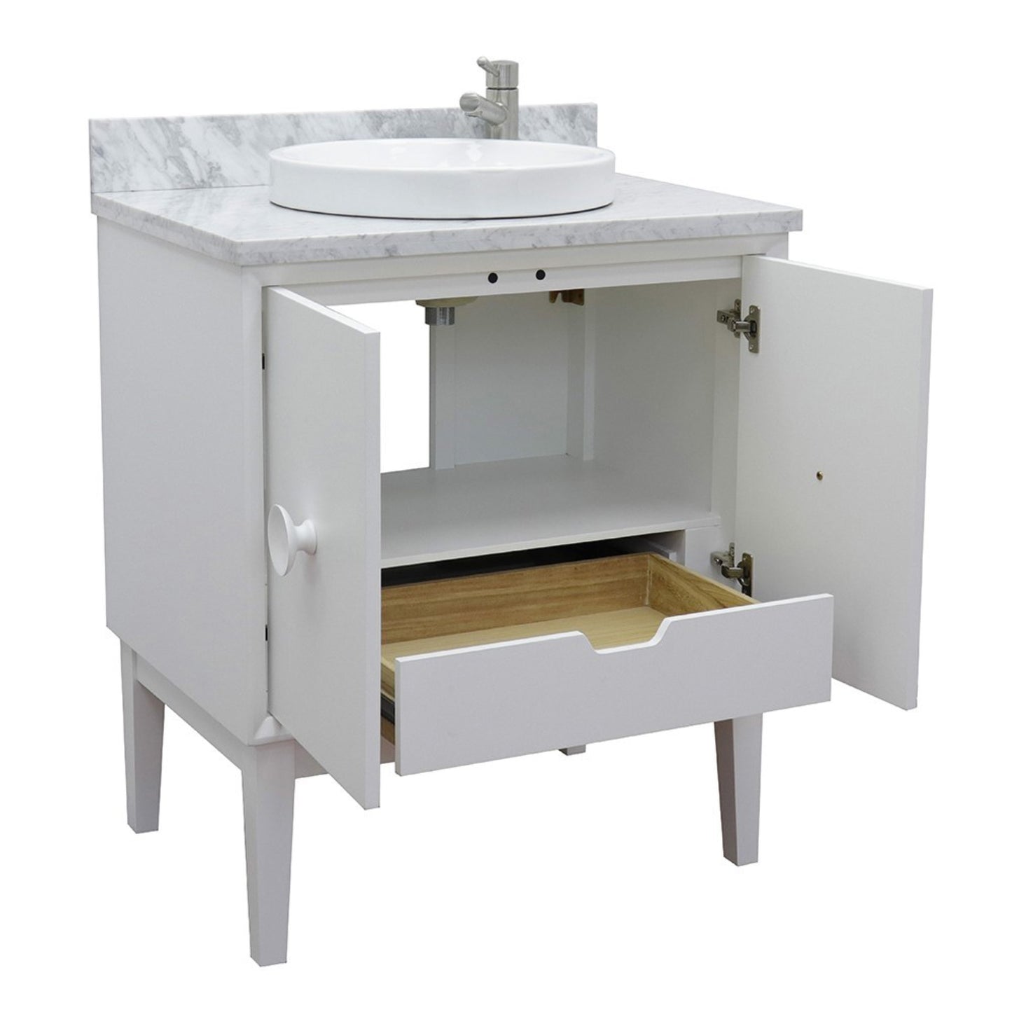 31" Single vanity in White finish with White Carrara top and round sink