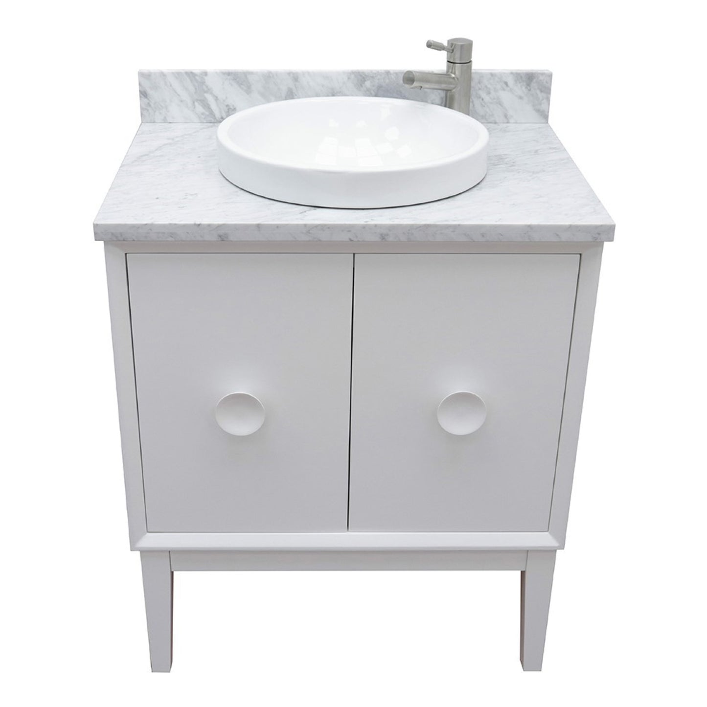 31" Single vanity in White finish with White Carrara top and round sink