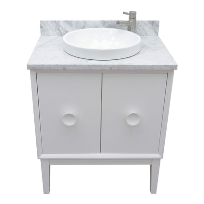 31" Single vanity in White finish with White Carrara top and round sink