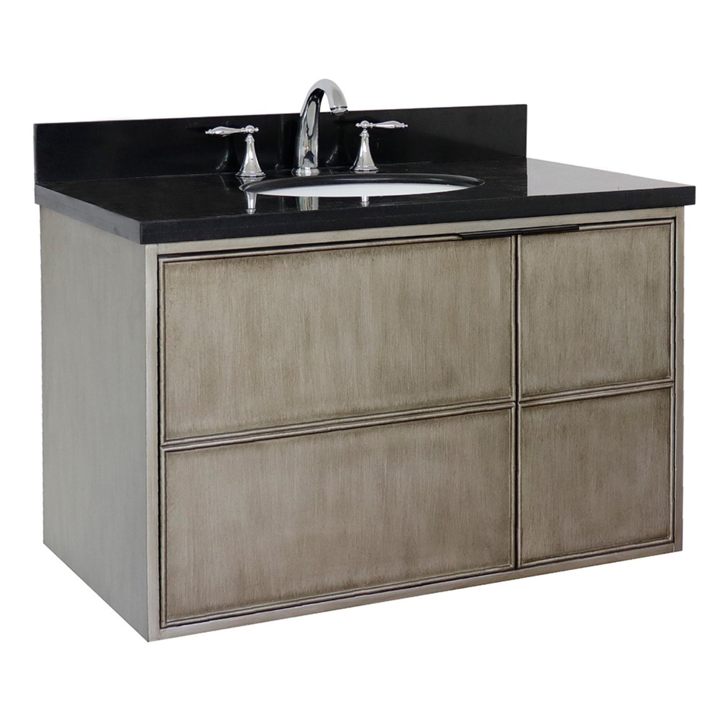 37" Single wall mount vanity in Linen Brown finish with Black Galaxy top and oval sink