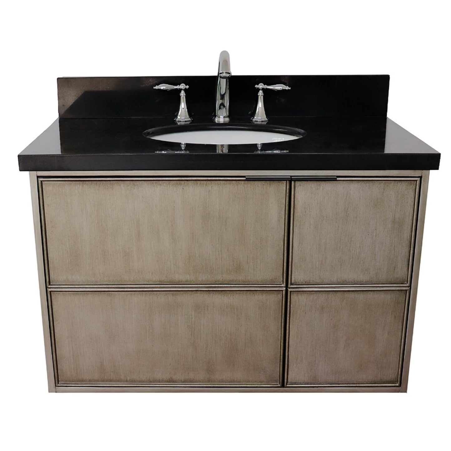 37" Single wall mount vanity in Linen Brown finish with Black Galaxy top and oval sink