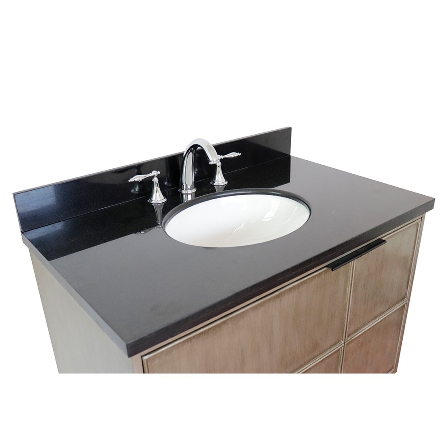 37" Single wall mount vanity in Linen Brown finish with Black Galaxy top and oval sink