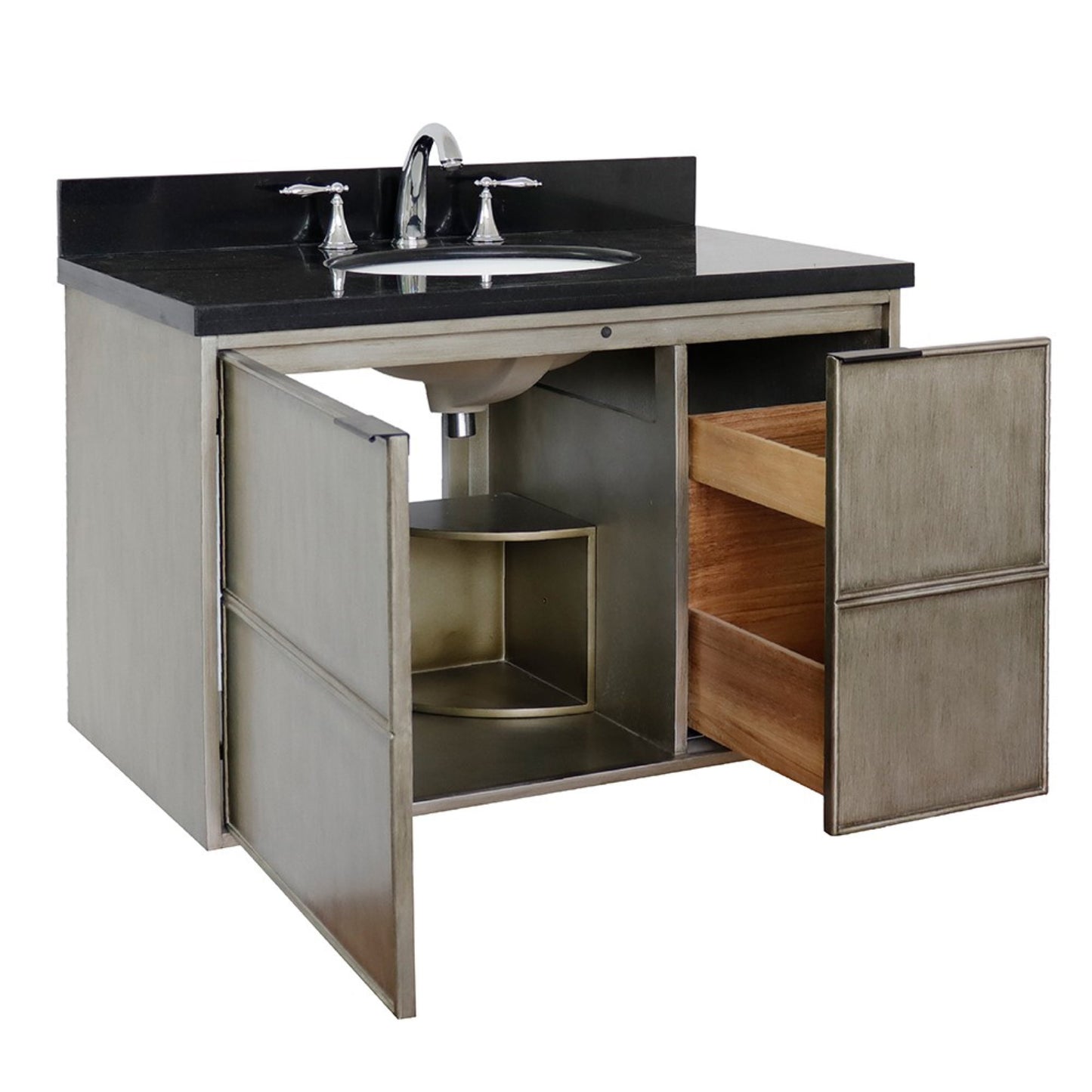 37" Single wall mount vanity in Linen Brown finish with Black Galaxy top and oval sink