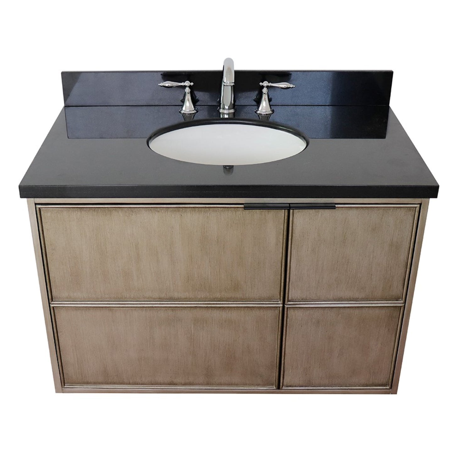 37" Single wall mount vanity in Linen Brown finish with Black Galaxy top and oval sink