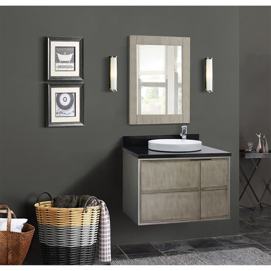 37" Single wall mount vanity in Linen Brown finish with Black Galaxy top and round sink