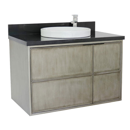 37" Single wall mount vanity in Linen Brown finish with Black Galaxy top and round sink