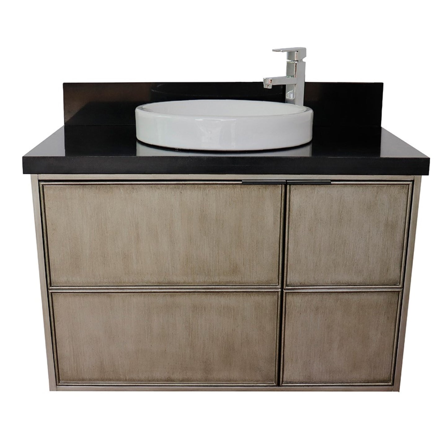 37" Single wall mount vanity in Linen Brown finish with Black Galaxy top and round sink