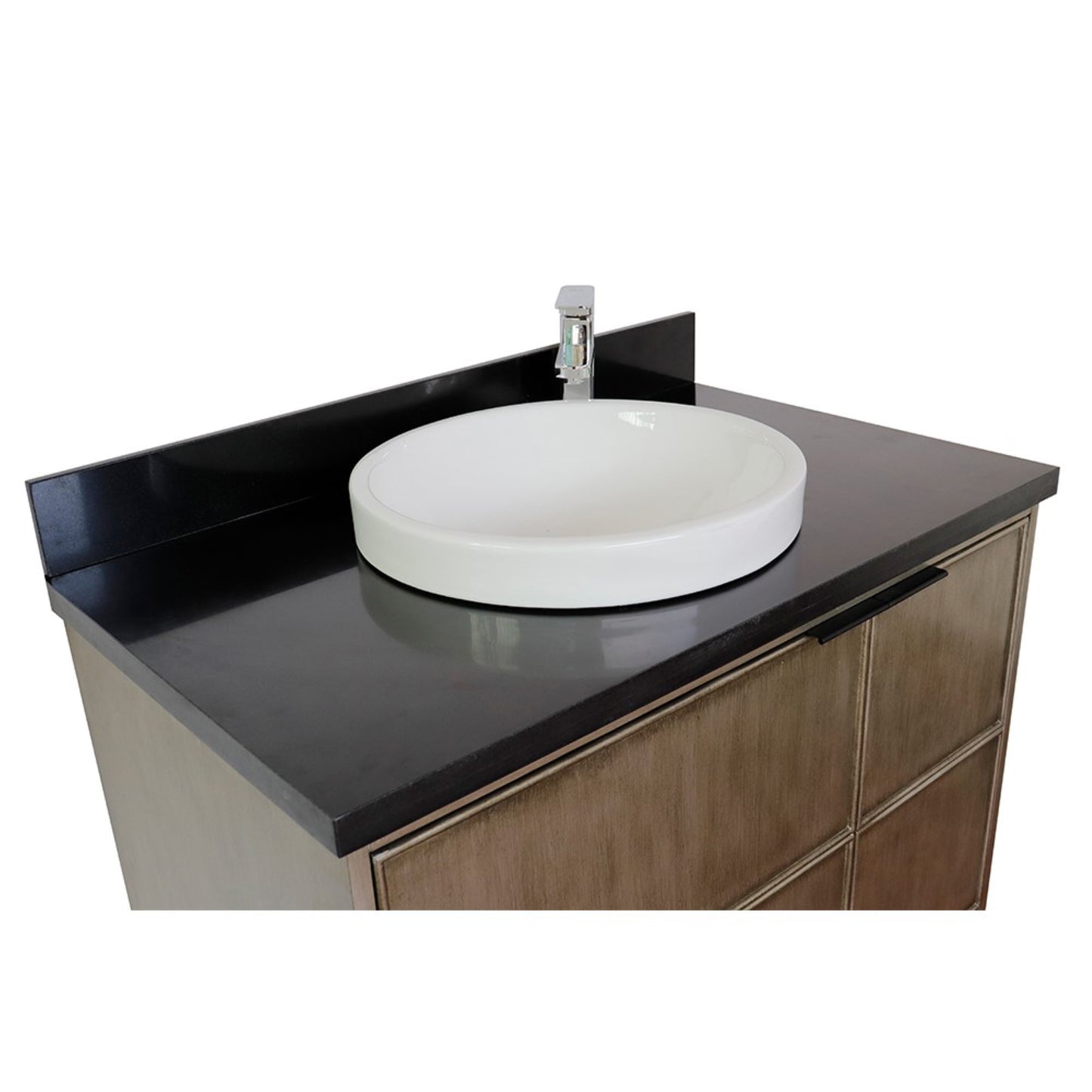 37" Single wall mount vanity in Linen Brown finish with Black Galaxy top and round sink