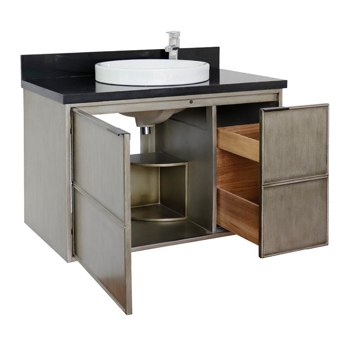 37" Single wall mount vanity in Linen Brown finish with Black Galaxy top and round sink
