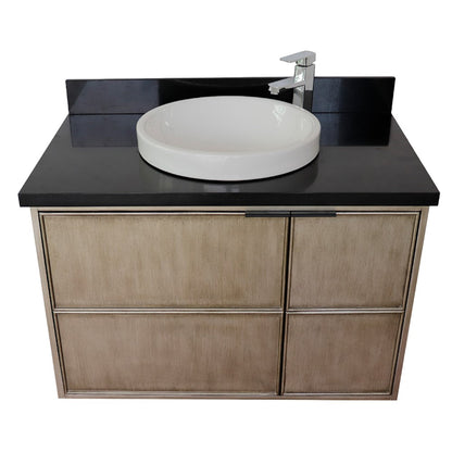 37" Single wall mount vanity in Linen Brown finish with Black Galaxy top and round sink