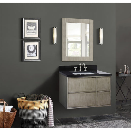 37" Single wall mount vanity in Linen Brown finish with Black Galaxy top and rectangle sink