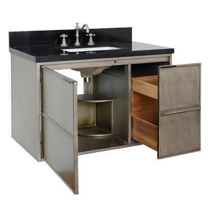 37" Single wall mount vanity in Linen Brown finish with Black Galaxy top and rectangle sink
