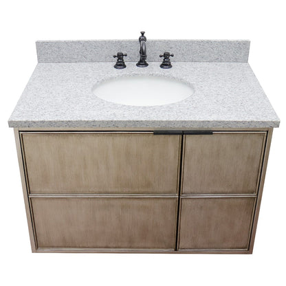 37" Single wall mount vanity in Linen Brown finish with Gray granite top and oval sink