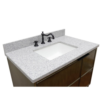 37" Single wall mount vanity in Linen Brown finish with Gray granite top and rectangle sink