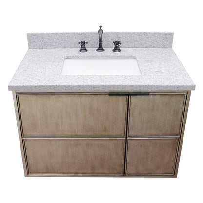 37" Single wall mount vanity in Linen Brown finish with Gray granite top and rectangle sink